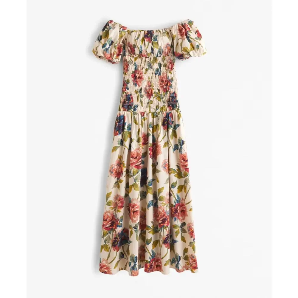 Abercrombie & Fitch Smocked Drop-Waist Puff Sleeve Floral Maxi Dress Size MP